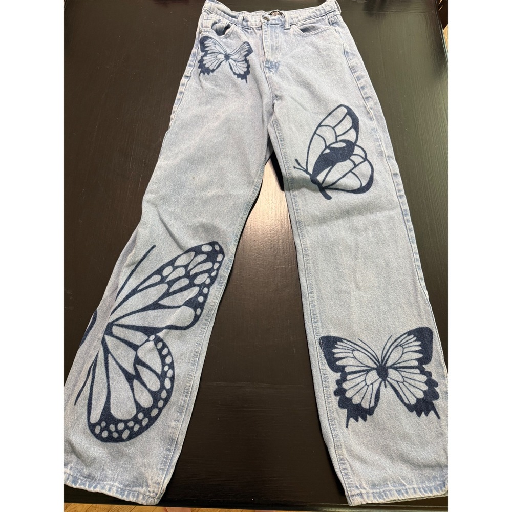Simple Society Butterfly Print Light Wash High Waisted Straight Leg Jeans 5/27